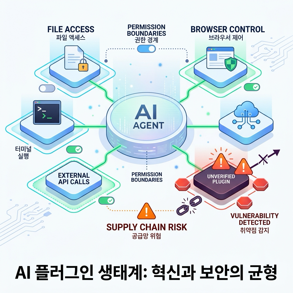 AI 에이전트 플러그인이 파일, 브라우저, 터미널, 외부 API 권한 경계와 연결되는 보안 지도
