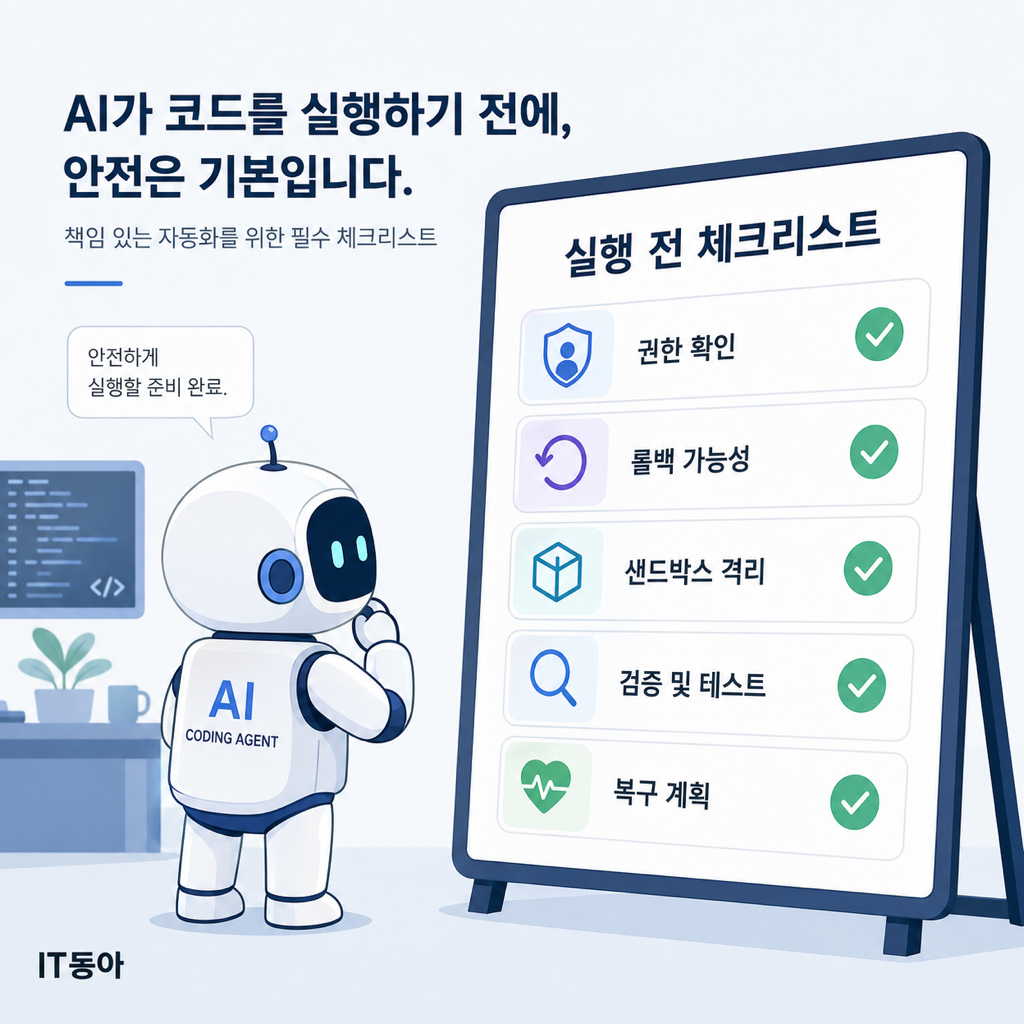AI 코딩 에이전트 운영에 필요한 5가지 가드레일을 표현한 체크리스트 일러스트