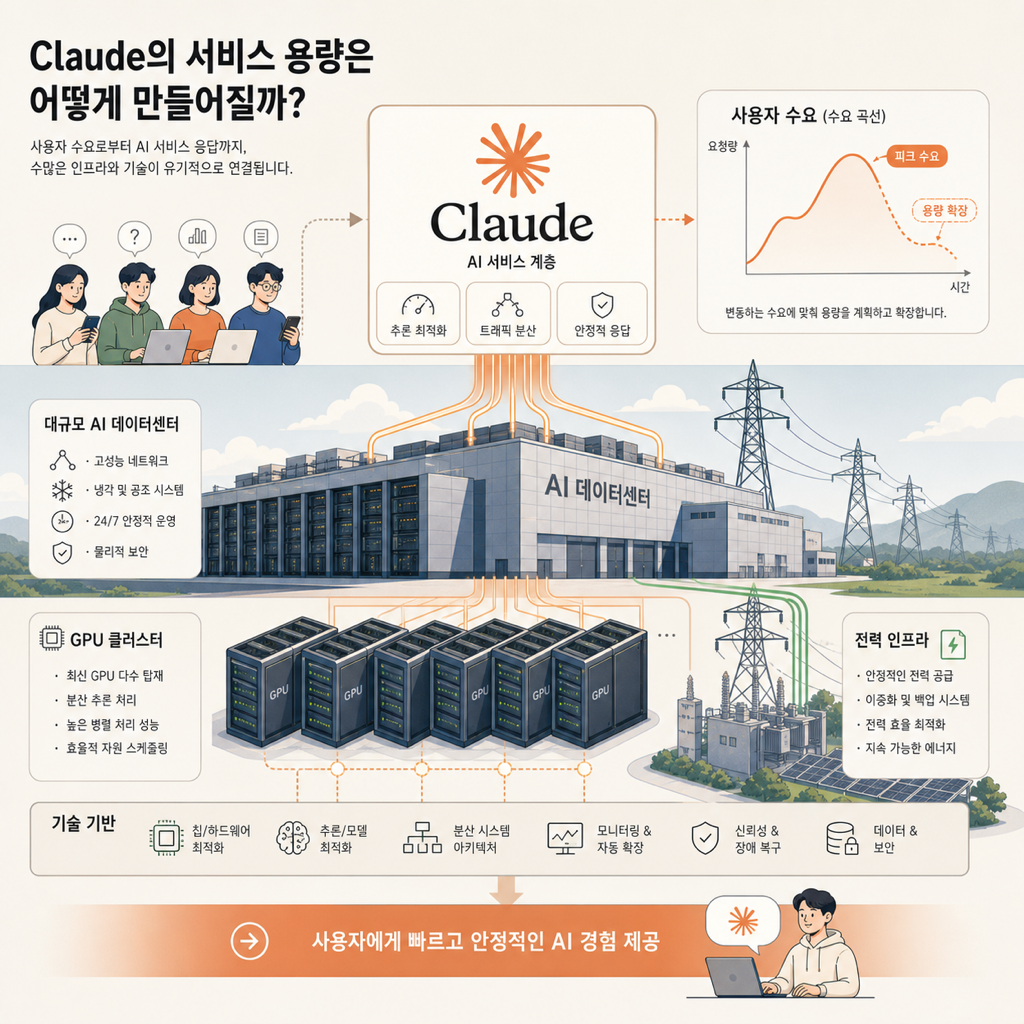 대규모 데이터센터와 Claude 서비스 용량이 연결되는 AI 컴퓨트 공급망을 표현한 일러스트