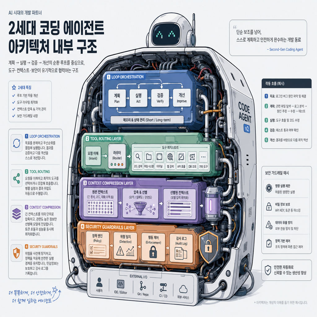 Claude Code 유출본에서 드러난 코딩 에이전트 아키텍처 원칙을 표현한 기술 일러스트