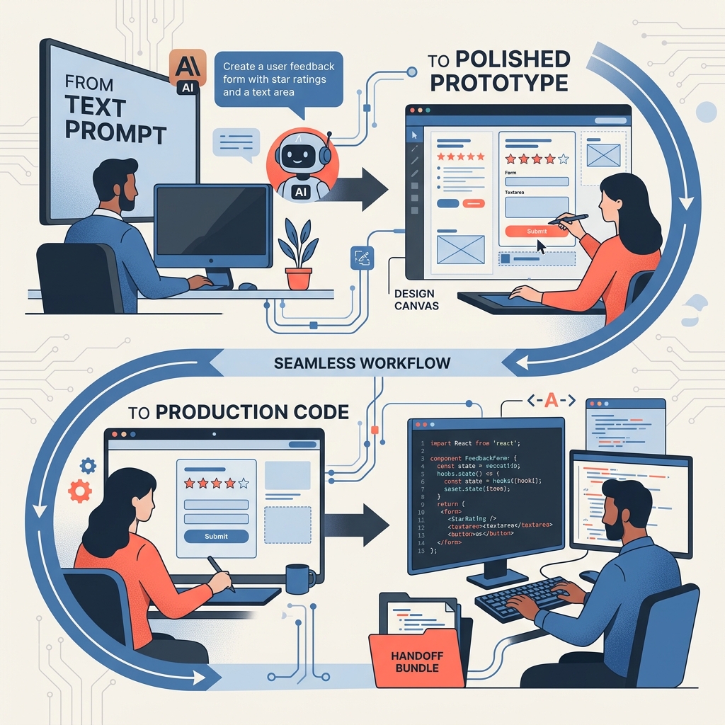 Claude Design이 프롬프트에서 디자인과 코드 핸드오프까지 연결하는 흐름을 표현한 일러스트