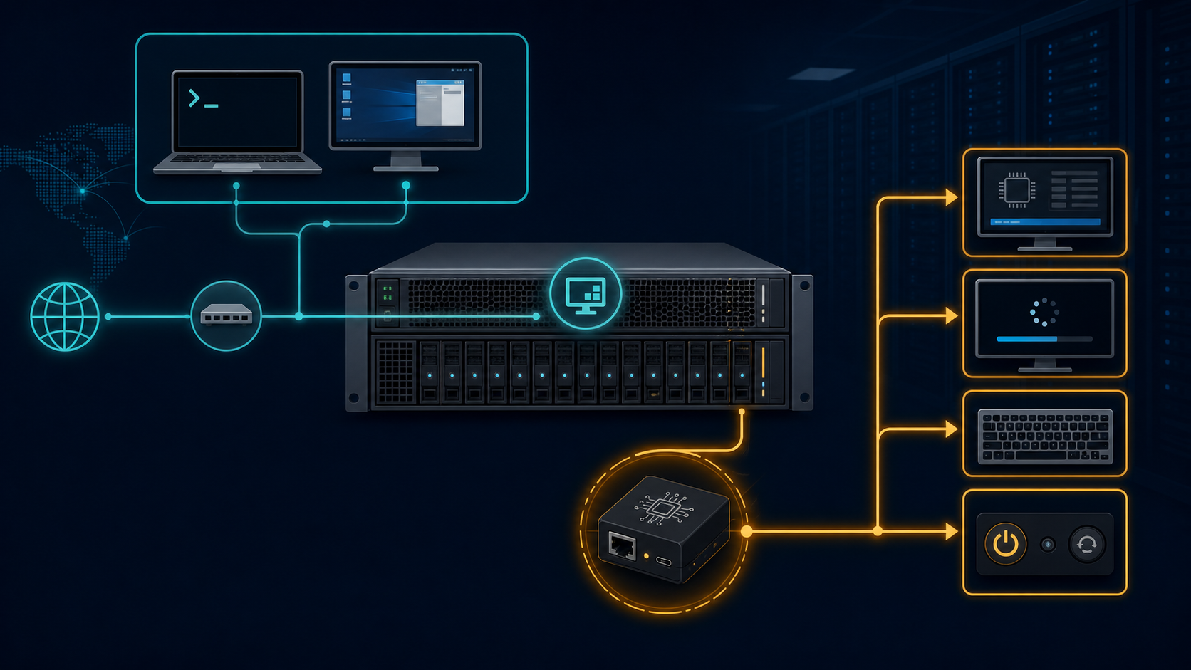 운영망과 분리된 IP-KVM이 BIOS·부팅·전원 경로를 제공하는 구조