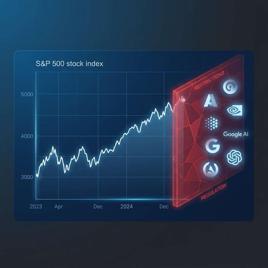 S&P 500 지수와 AI 기업 편입 장벽을 표현한 일러스트