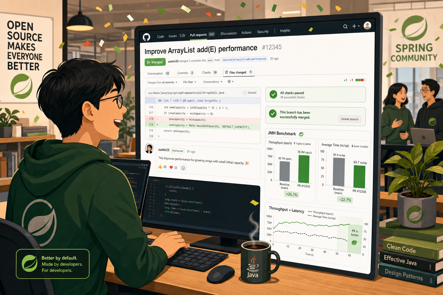 Spring Framework 코드에 한 줄을 추가해 성능 개선을 증명하는 한국 개발자의 모습을 표현한 일러스트