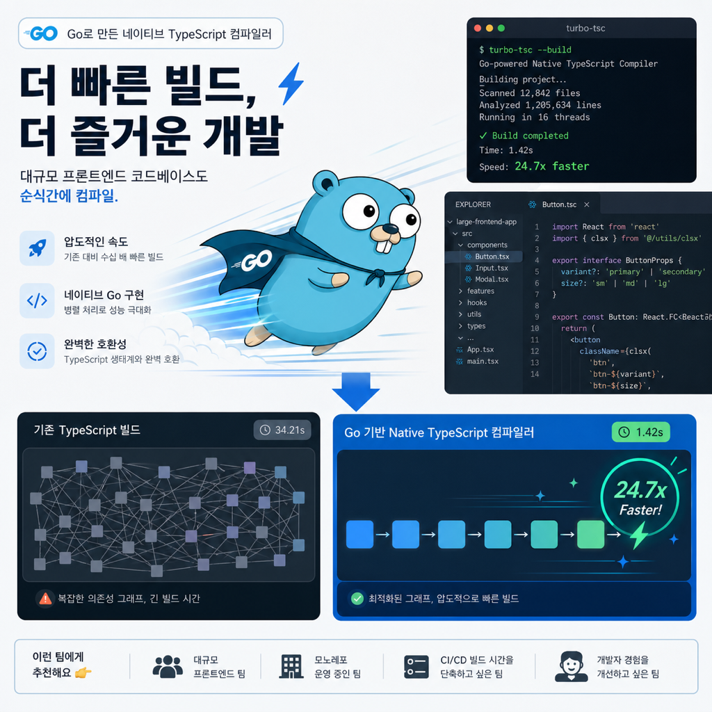 Go 기반 네이티브 TypeScript 컴파일러가 대형 프런트엔드 코드베이스를 빠르게 처리하는 모습을 표현한 기술 일러스트