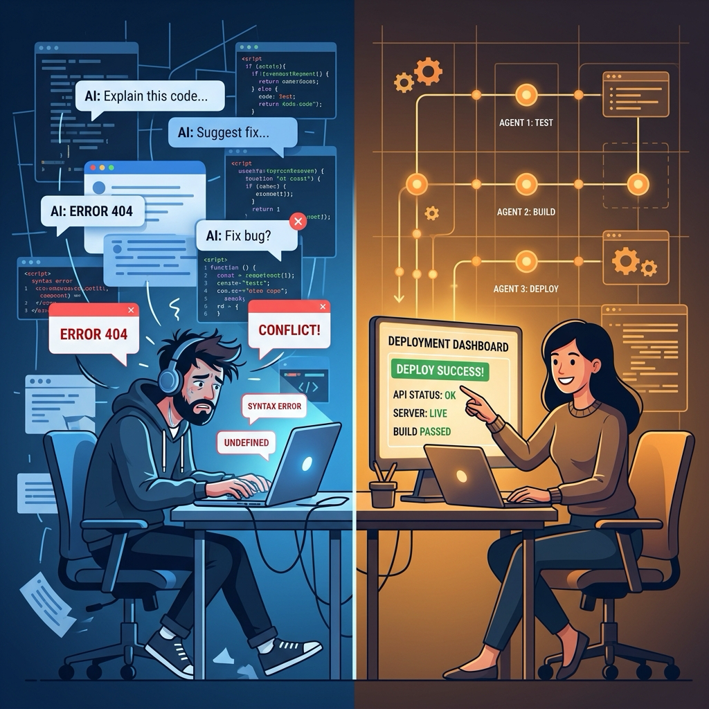 AI 도구 숙련도 격차를 보여주는 개발자 두 명의 비교 일러스트