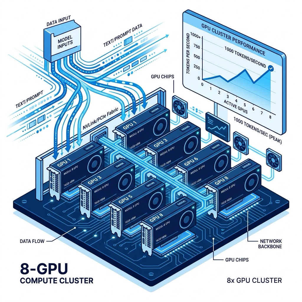 8-GPU 서버 클러스터에서 1000 토큰/초 속도로 흐르는 LLM 추론 벤치마크 시각화